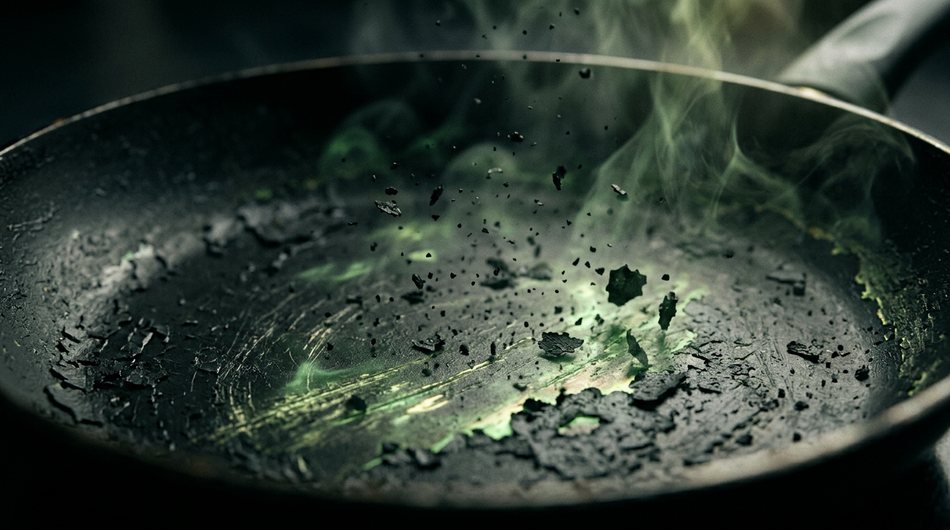 Alte Teflon-Pfanne mit abblätternder Beschichtung, giftige Partikel und Dämpfe